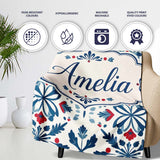 Folk Art Floral Symmetry Blue Red Seamless Pattern Name Cute Unique  Personalised Custom Name Super Soft Fleece Blanket Bed Sofa Throw