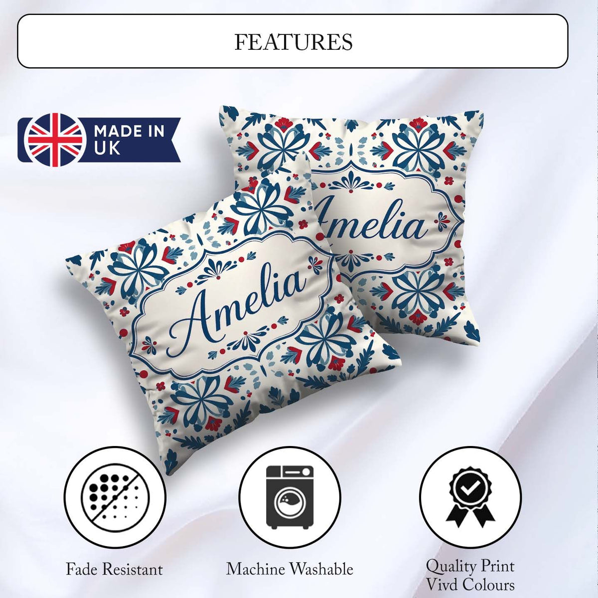 Custom Name Folk Art Floral Symmetry Blue Red Seamless Name Cute Square Filled Cushion Throw Pillow Sofa Bed Home Decor Zip Washable UK Made
