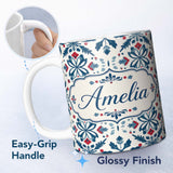 Personalized Custom Name Folk Art Floral Symmetry Blue Red Seamless Pattern Name Cute Unique 11oz Ceramic Coffee Tea Mug White Large Handle