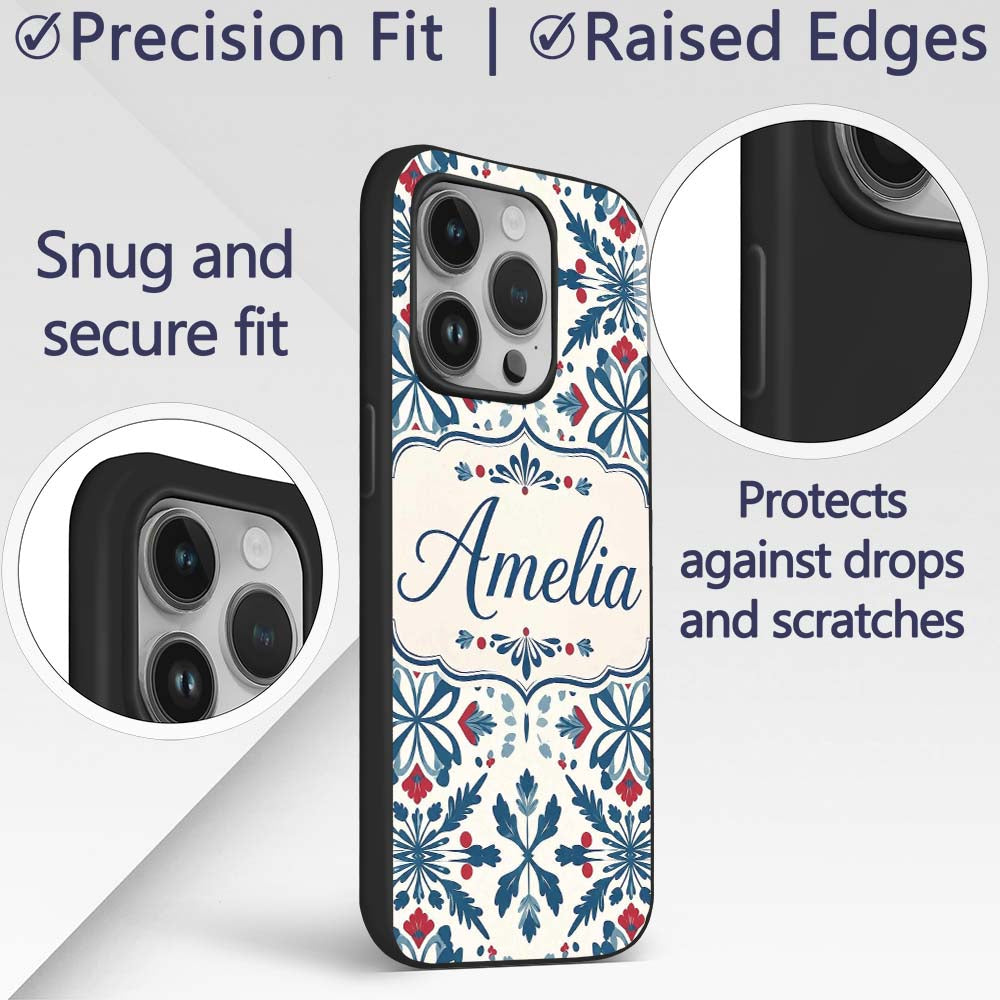 Folk Art Floral Symmetry Blue Red Printed Design Custom Name Protective Phone Case Mobile Cover Durable Everyday Smartphone Shock Resistant