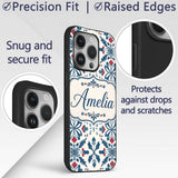Folk Art Floral Symmetry Blue Red Printed Design Custom Name Protective Phone Case Mobile Cover Durable Everyday Smartphone Shock Resistant