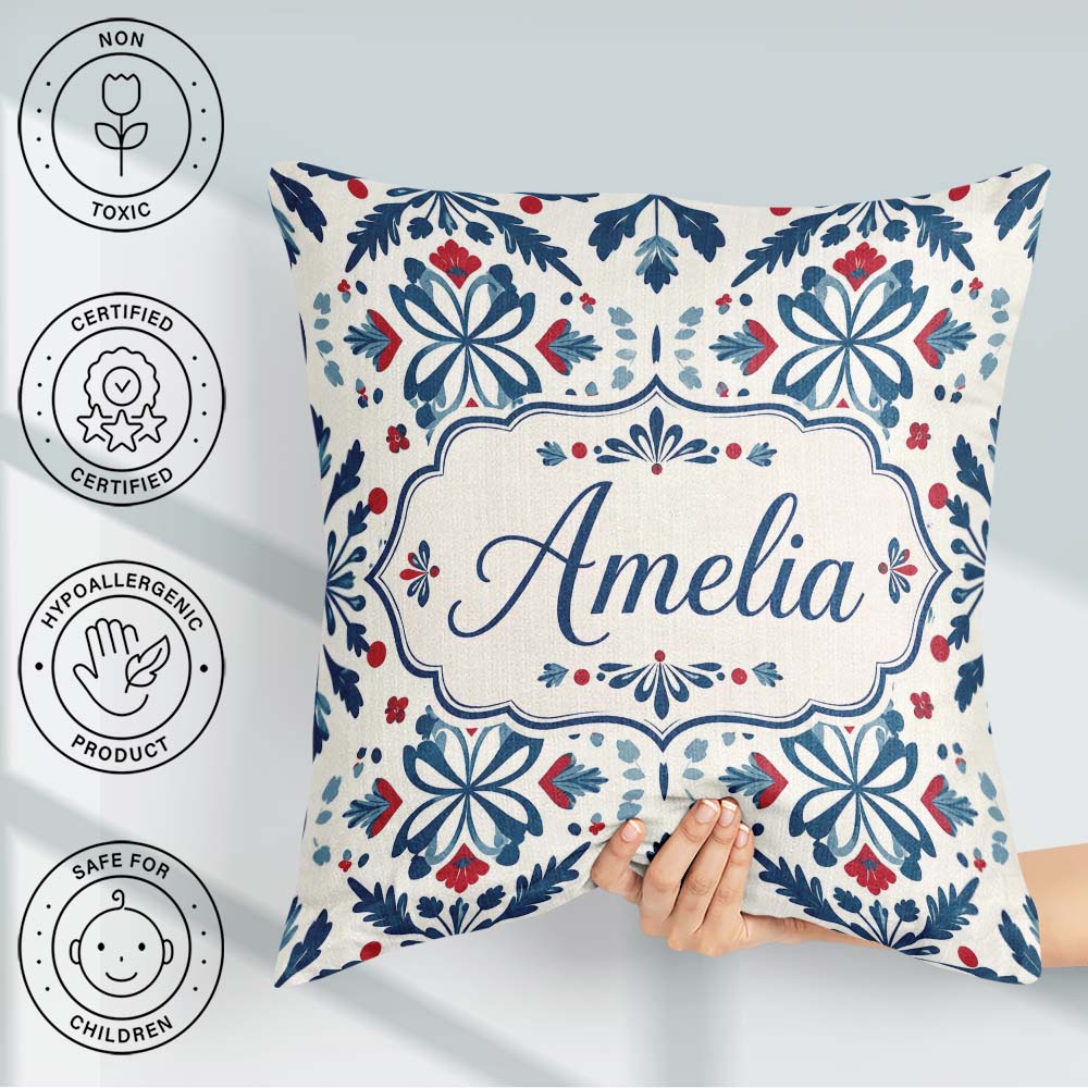 Custom Name Folk Art Floral Symmetry Blue Red Seamless Name Cute Square Filled Cushion Throw Pillow Sofa Bed Home Decor Zip Washable UK Made
