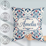 Custom Name Folk Art Floral Symmetry Blue Red Seamless Name Cute Square Filled Cushion Throw Pillow Sofa Bed Home Decor Zip Washable UK Made