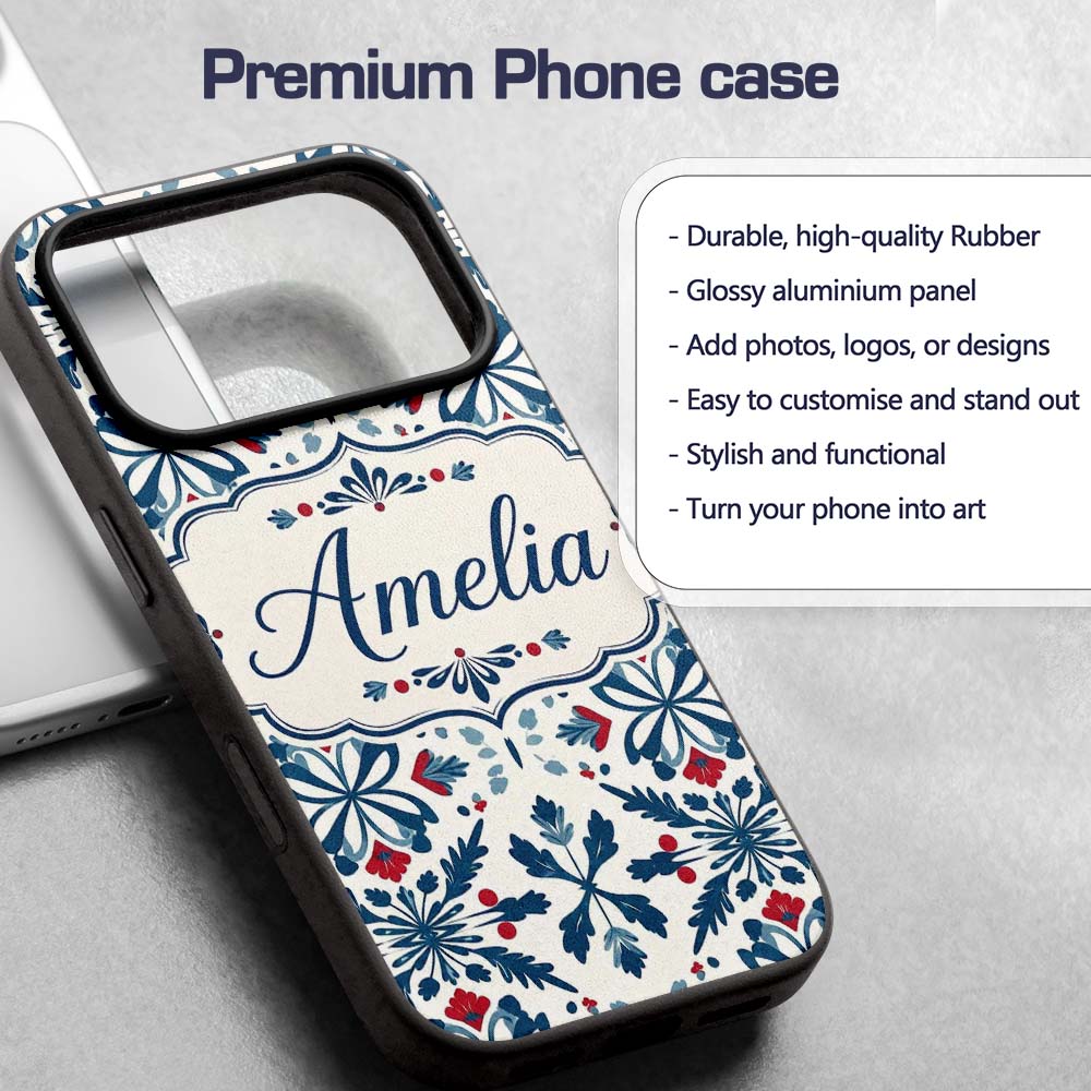 Folk Art Floral Symmetry Blue Red Printed Design Custom Name Protective Phone Case Mobile Cover Durable Everyday Smartphone Shock Resistant