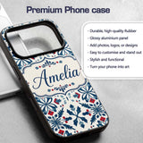 Folk Art Floral Symmetry Blue Red Printed Design Custom Name Protective Phone Case Mobile Cover Durable Everyday Smartphone Shock Resistant
