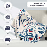 Folk Art Floral Symmetry Blue Red Seamless Pattern Name Cute Unique  Personalised Custom Name Super Soft Fleece Blanket Bed Sofa Throw