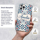 Folk Art Floral Symmetry Blue Red Printed Design Custom Name Protective Phone Case Mobile Cover Durable Everyday Smartphone Shock Resistant