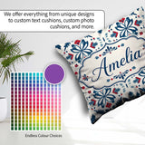 Custom Name Folk Art Floral Symmetry Blue Red Seamless Name Cute Square Filled Cushion Throw Pillow Sofa Bed Home Decor Zip Washable UK Made