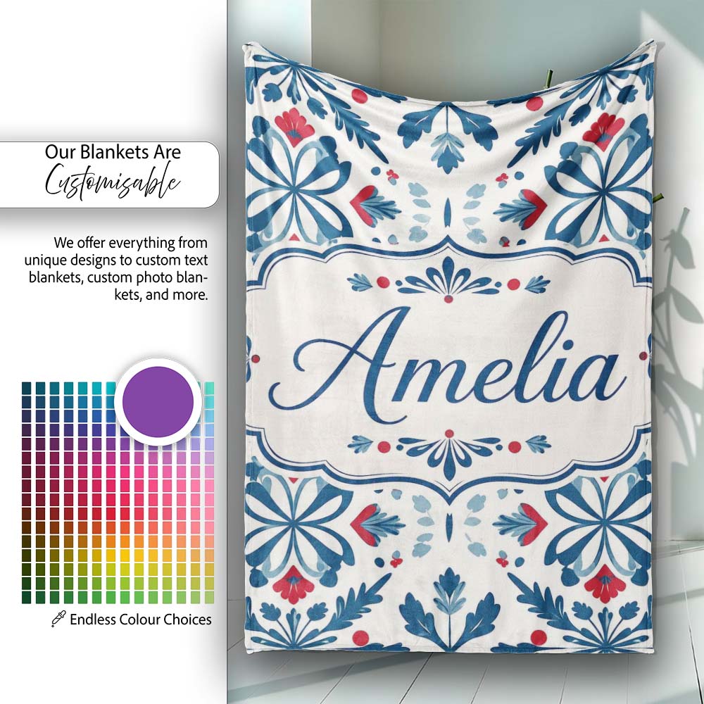 Folk Art Floral Symmetry Blue Red Seamless Pattern Name Cute Unique  Personalised Custom Name Super Soft Fleece Blanket Bed Sofa Throw