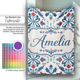 Folk Art Floral Symmetry Blue Red Seamless Pattern Name Cute Unique  Personalised Custom Name Super Soft Fleece Blanket Bed Sofa Throw