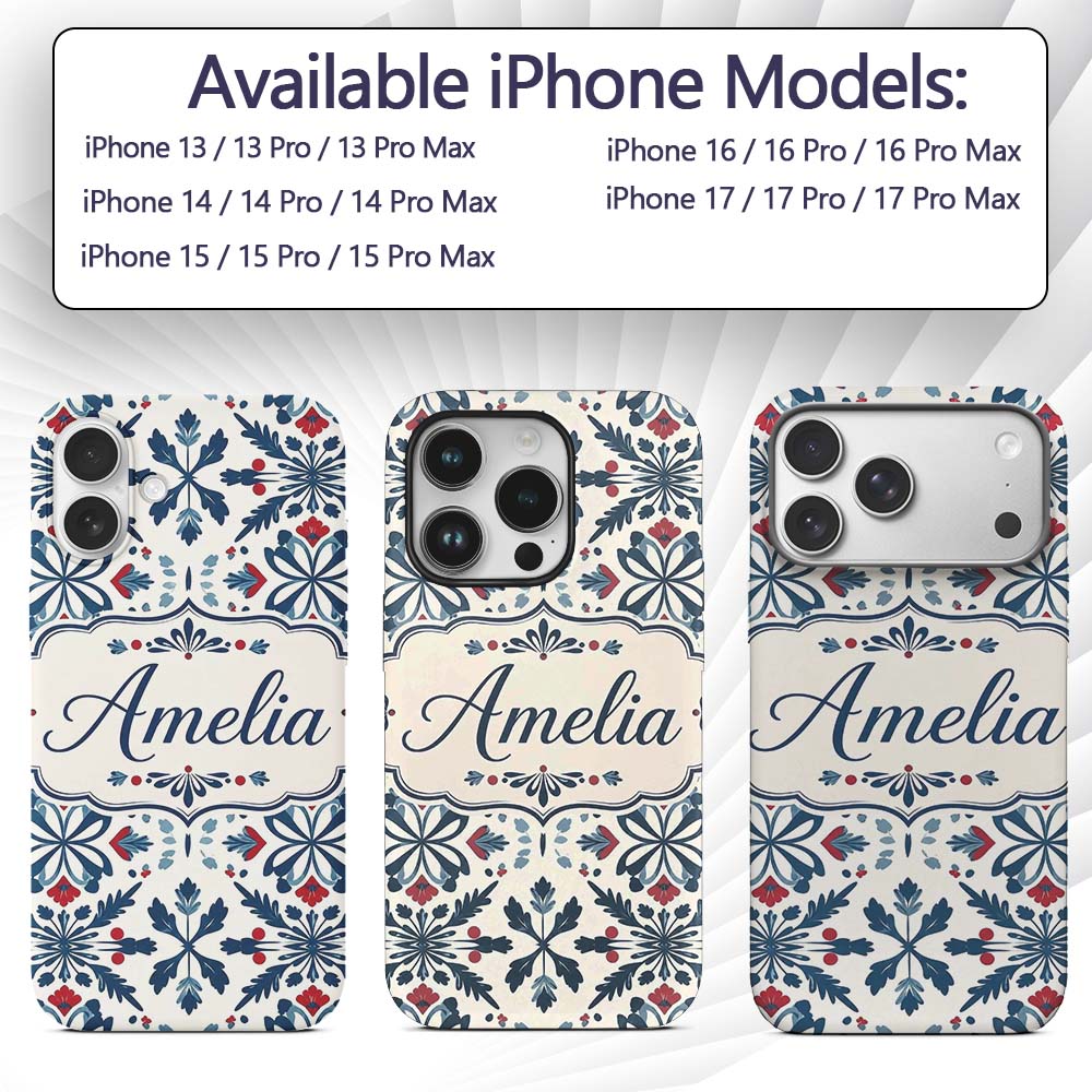 Folk Art Floral Symmetry Blue Red Printed Design Custom Name Protective Phone Case Mobile Cover Durable Everyday Smartphone Shock Resistant