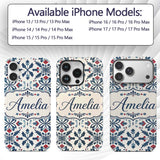 Folk Art Floral Symmetry Blue Red Printed Design Custom Name Protective Phone Case Mobile Cover Durable Everyday Smartphone Shock Resistant