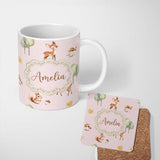Personalized Custom Name Woodland Animals Deer Fox Squirrel Mushrooms on Blush Pink Seamless 11oz Ceramic Coffee Tea Mug White Large Handle