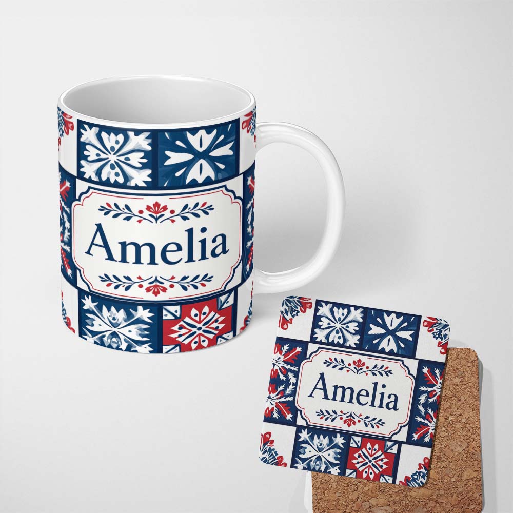 Personalized Custom Name Decorative Tile Folk Pattern Blue Red Seamless Name Cute Unique Gift 11oz Ceramic Coffee Tea Mug White Large Handle