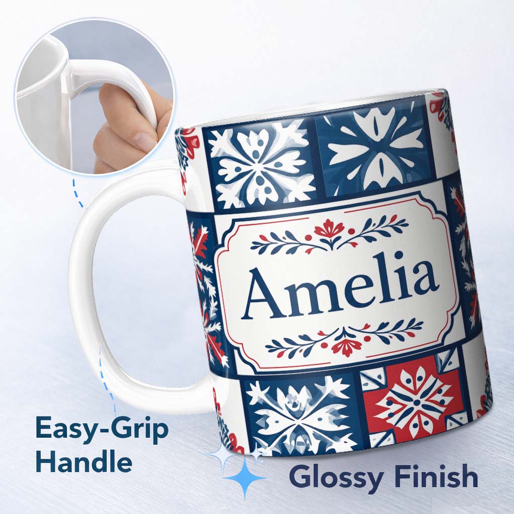 Personalized Custom Name Decorative Tile Folk Pattern Blue Red Seamless Name Cute Unique Gift 11oz Ceramic Coffee Tea Mug White Large Handle