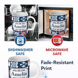 Personalized Custom Name Decorative Tile Folk Pattern Blue Red Seamless Name Cute Unique Gift 11oz Ceramic Coffee Tea Mug White Large Handle