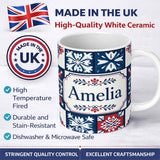 Personalized Custom Name Decorative Tile Folk Pattern Blue Red Seamless Name Cute Unique Gift 11oz Ceramic Coffee Tea Mug White Large Handle