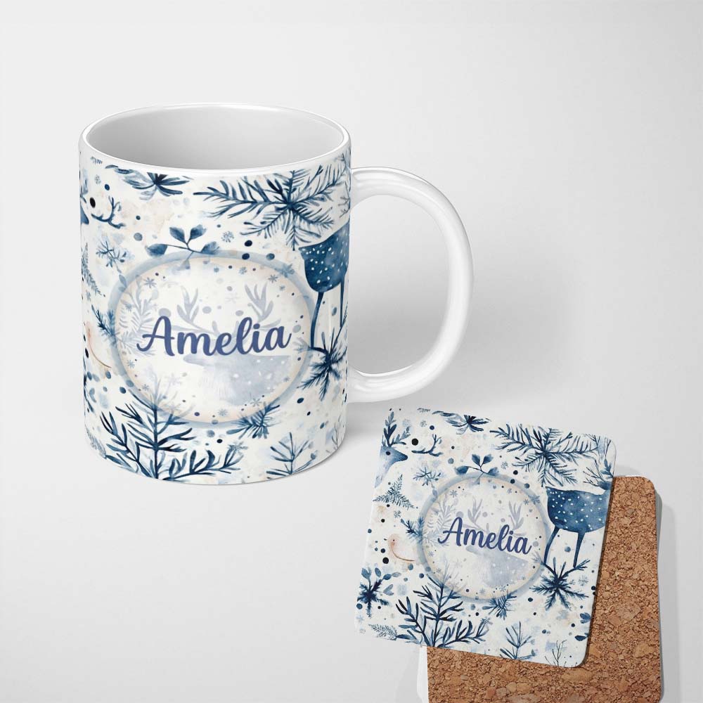 Personalized Custom Name Winter Woodland Deer Botanical Seamless Pattern Name Cute Unique 11oz Ceramic Coffee Tea Mug White Large Handle