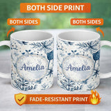 Personalized Custom Name Winter Woodland Deer Botanical Seamless Pattern Name Cute Unique 11oz Ceramic Coffee Tea Mug White Large Handle
