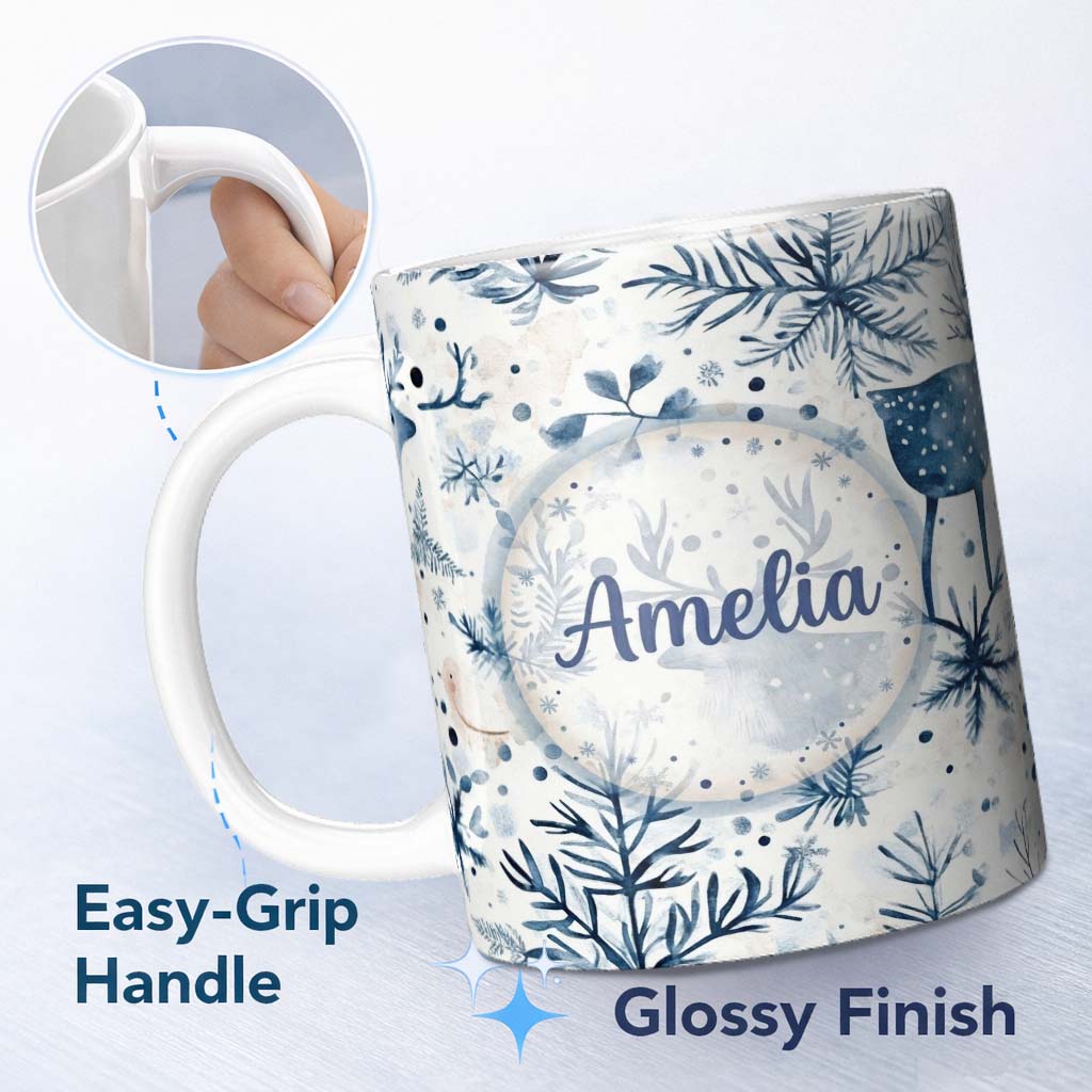 Personalized Custom Name Winter Woodland Deer Botanical Seamless Pattern Name Cute Unique 11oz Ceramic Coffee Tea Mug White Large Handle