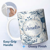 Personalized Custom Name Winter Woodland Deer Botanical Seamless Pattern Name Cute Unique 11oz Ceramic Coffee Tea Mug White Large Handle