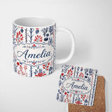 Personalized Custom Name Scandinavian Botanical Red Blue Leaves Seamless Pattern Name Cute 11oz Ceramic Coffee Tea Mug White Large Handle