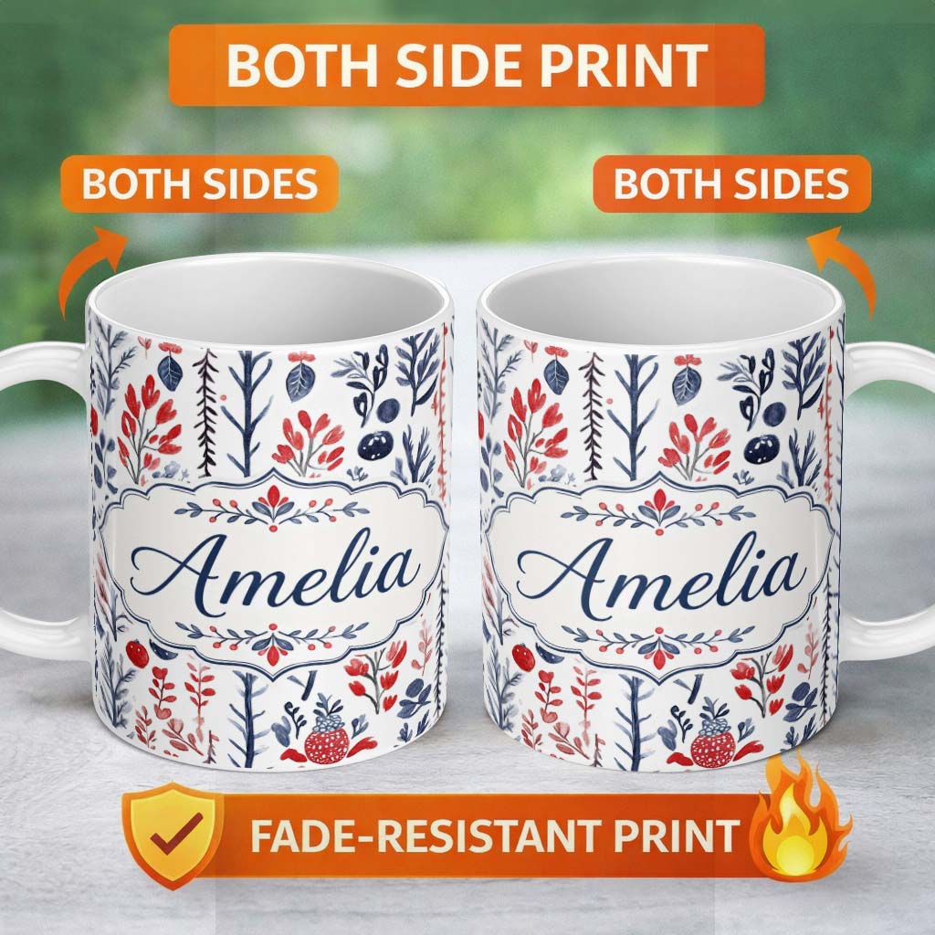 Personalized Custom Name Scandinavian Botanical Red Blue Leaves Seamless Pattern Name Cute 11oz Ceramic Coffee Tea Mug White Large Handle