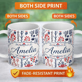 Personalized Custom Name Scandinavian Botanical Red Blue Leaves Seamless Pattern Name Cute 11oz Ceramic Coffee Tea Mug White Large Handle