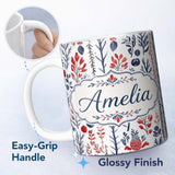 Personalized Custom Name Scandinavian Botanical Red Blue Leaves Seamless Pattern Name Cute 11oz Ceramic Coffee Tea Mug White Large Handle