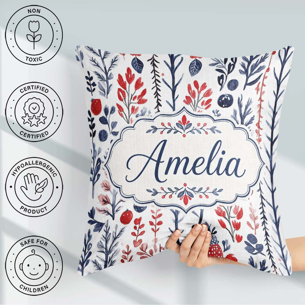 Custom Name Botanical Red Blue Leaves Seamless Pattern Name Cute Square Filled Cushion Throw Pillow Sofa Bed Home Decor Zip Washable UK Made
