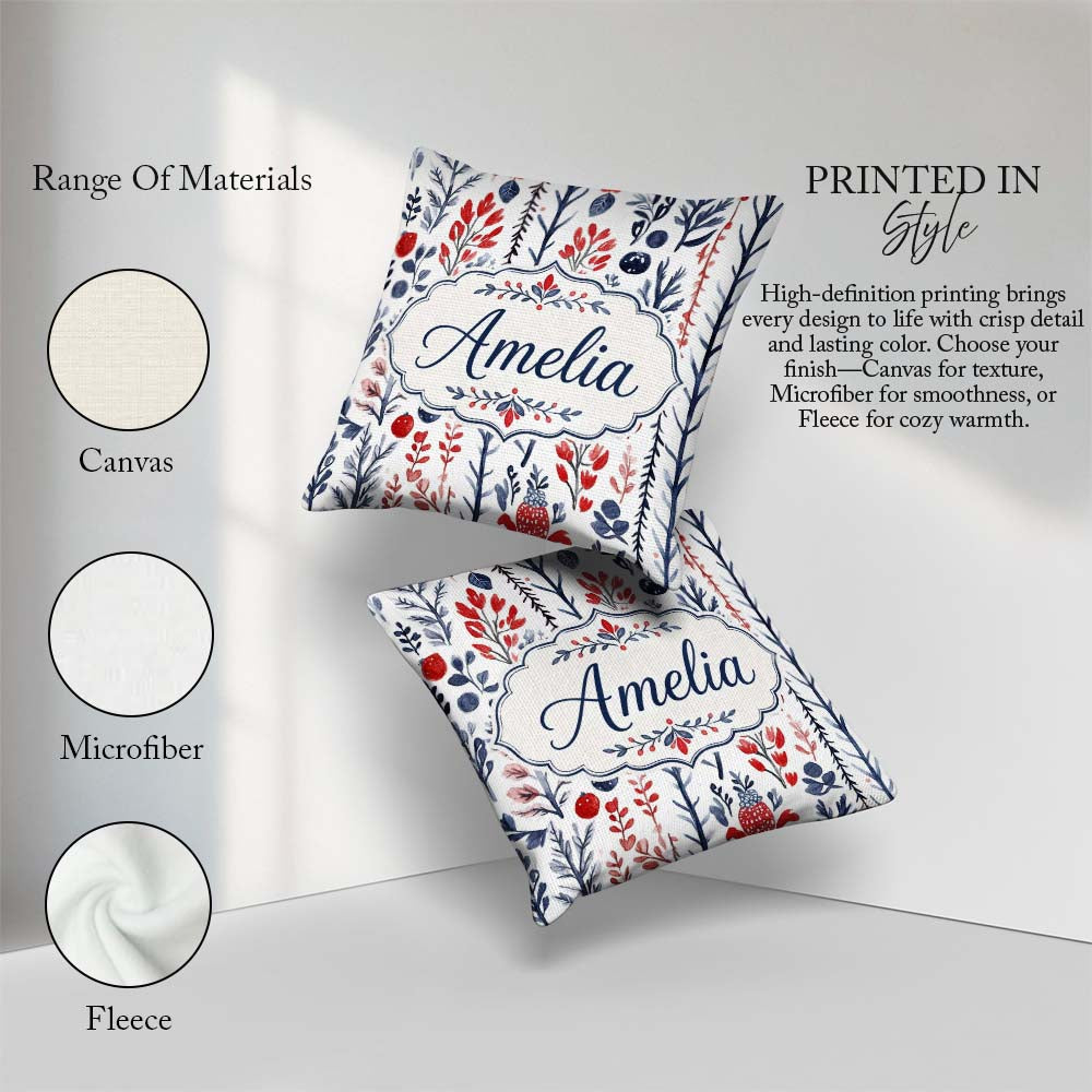 Custom Name Botanical Red Blue Leaves Seamless Pattern Name Cute Square Filled Cushion Throw Pillow Sofa Bed Home Decor Zip Washable UK Made
