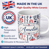 Personalized Custom Name Scandinavian Botanical Red Blue Leaves Seamless Pattern Name Cute 11oz Ceramic Coffee Tea Mug White Large Handle
