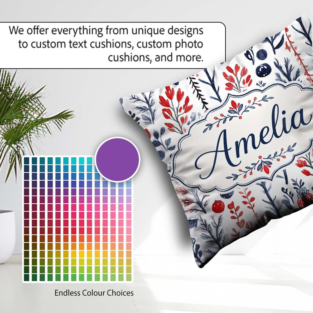 Custom Name Botanical Red Blue Leaves Seamless Pattern Name Cute Square Filled Cushion Throw Pillow Sofa Bed Home Decor Zip Washable UK Made
