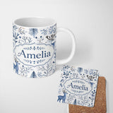 Personalized Custom Name Minimal Winter Deer Forest Seamless Pattern Name Cute Unique Gift 11oz Ceramic Coffee Tea Mug White Large Handle