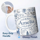 Personalized Custom Name Minimal Winter Deer Forest Seamless Pattern Name Cute Unique Gift 11oz Ceramic Coffee Tea Mug White Large Handle