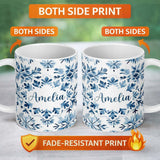 Personalized Custom Name Blue Watercolor Snowflake Botanical Seamless Pattern Name Cute 11oz Ceramic Coffee Tea Mug White Large Handle