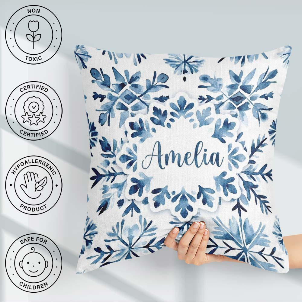 Custom Name Blue Watercolor Snowflake Seamless Pattern Name Cute Square Filled Cushion Throw Pillow Sofa Bed Home Decor Zip Washable UK Made