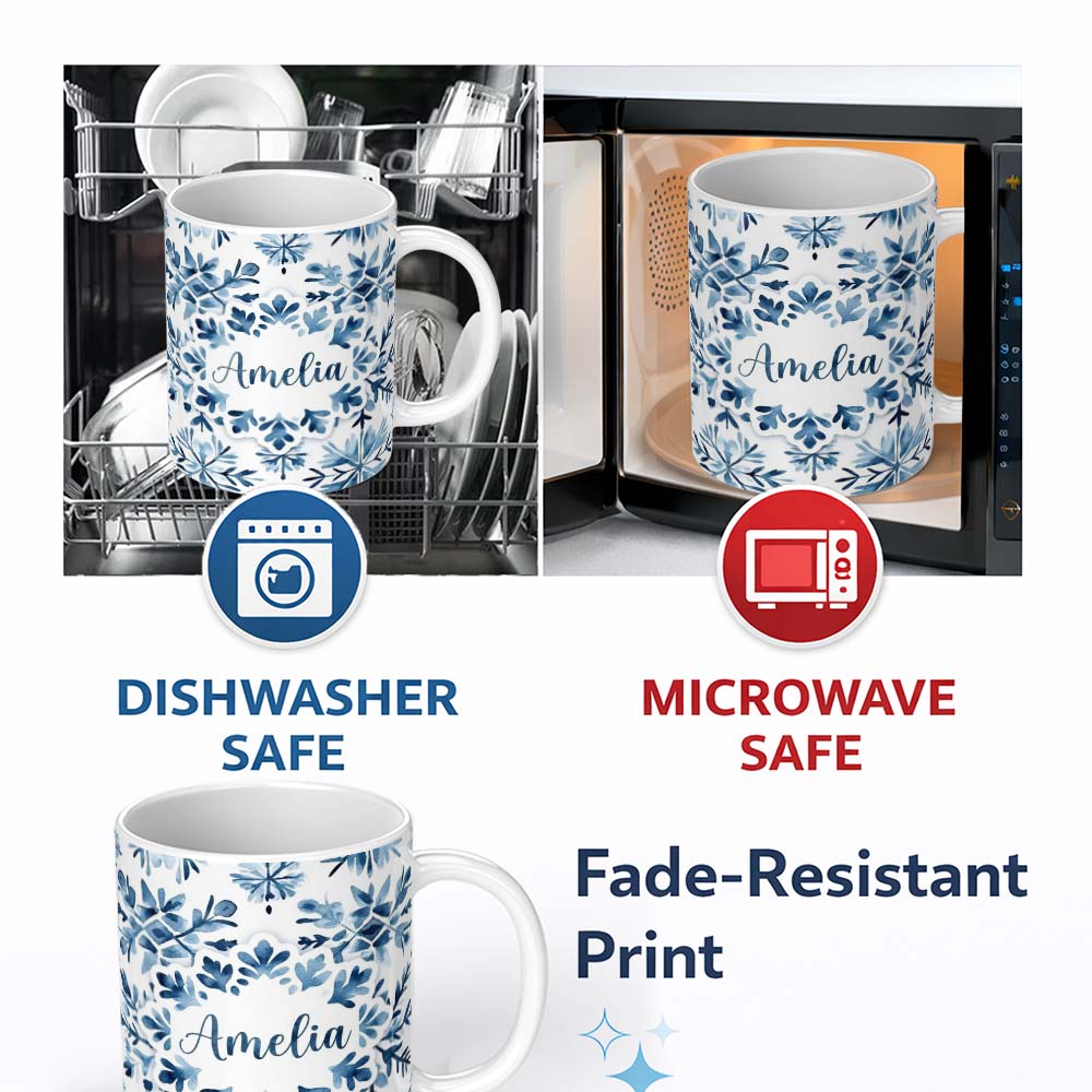 Personalized Custom Name Blue Watercolor Snowflake Botanical Seamless Pattern Name Cute 11oz Ceramic Coffee Tea Mug White Large Handle