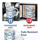 Personalized Custom Name Blue Watercolor Snowflake Botanical Seamless Pattern Name Cute 11oz Ceramic Coffee Tea Mug White Large Handle