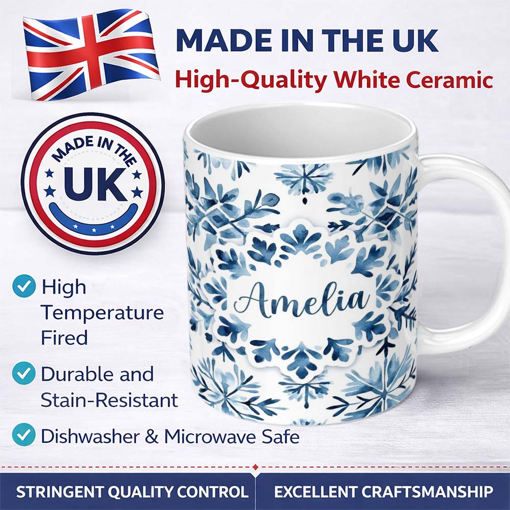 Personalized Custom Name Blue Watercolor Snowflake Botanical Seamless Pattern Name Cute 11oz Ceramic Coffee Tea Mug White Large Handle