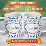 Personalized Custom Name Soft Blue Red Berry Botanical Seamless Pattern Name Cute Unique Gift 11oz Ceramic Coffee Tea Mug White Large Handle