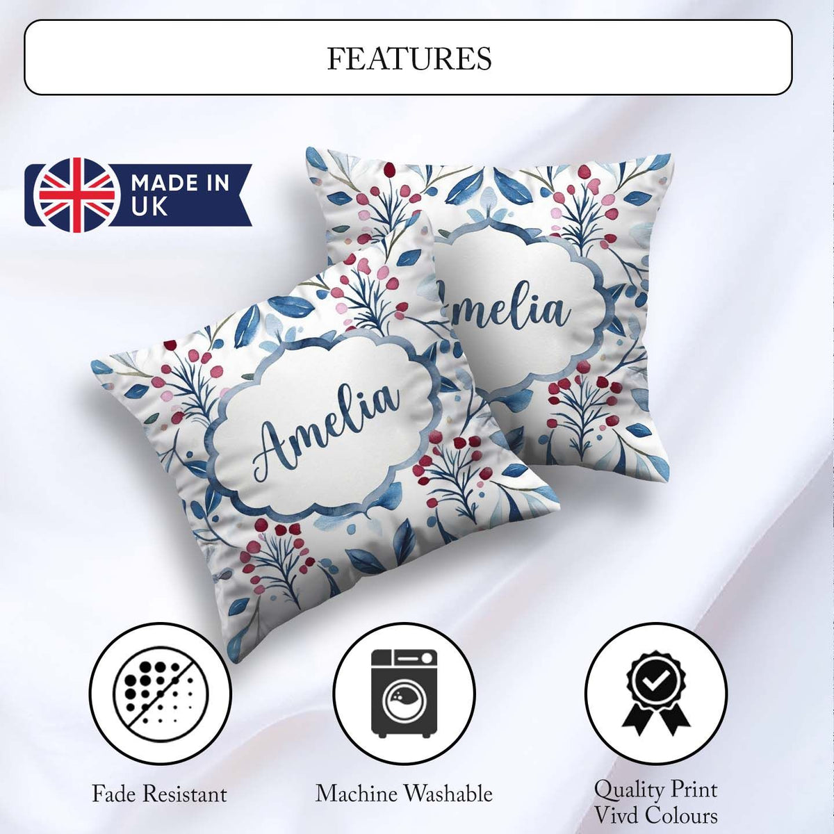 Custom Name Soft Blue Red Berry Botanical Seamless Pattern Name Square Filled Cushion Throw Pillow Sofa Bed Home Decor Zip Washable UK Made