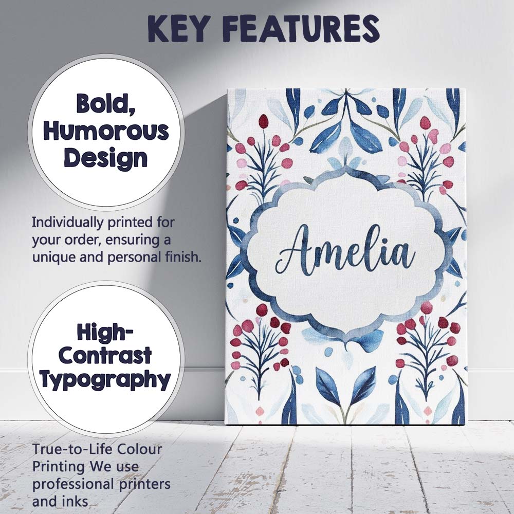 Personalised Name Soft Blue Red Berry Custom Modern Room Accent Creative Decorator Style Canvas Wall Art Print Decor Picture Ready to Hang