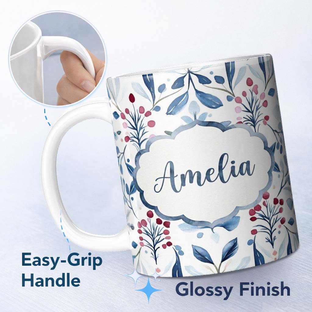Personalized Custom Name Soft Blue Red Berry Botanical Seamless Pattern Name Cute Unique Gift 11oz Ceramic Coffee Tea Mug White Large Handle