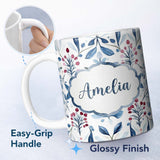 Personalized Custom Name Soft Blue Red Berry Botanical Seamless Pattern Name Cute Unique Gift 11oz Ceramic Coffee Tea Mug White Large Handle