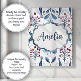 Personalised Name Soft Blue Red Berry Custom Modern Room Accent Creative Decorator Style Canvas Wall Art Print Decor Picture Ready to Hang