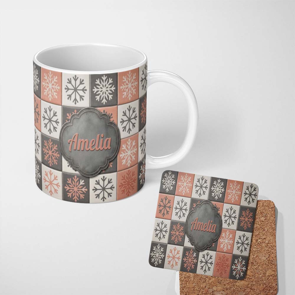 Personalized Custom Name Rustic Folk Tile Snowflake Grid Seamless Pattern Name Cute Unique 11oz Ceramic Coffee Tea Mug White Large Handle