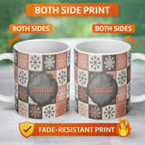 Personalized Custom Name Rustic Folk Tile Snowflake Grid Seamless Pattern Name Cute Unique 11oz Ceramic Coffee Tea Mug White Large Handle