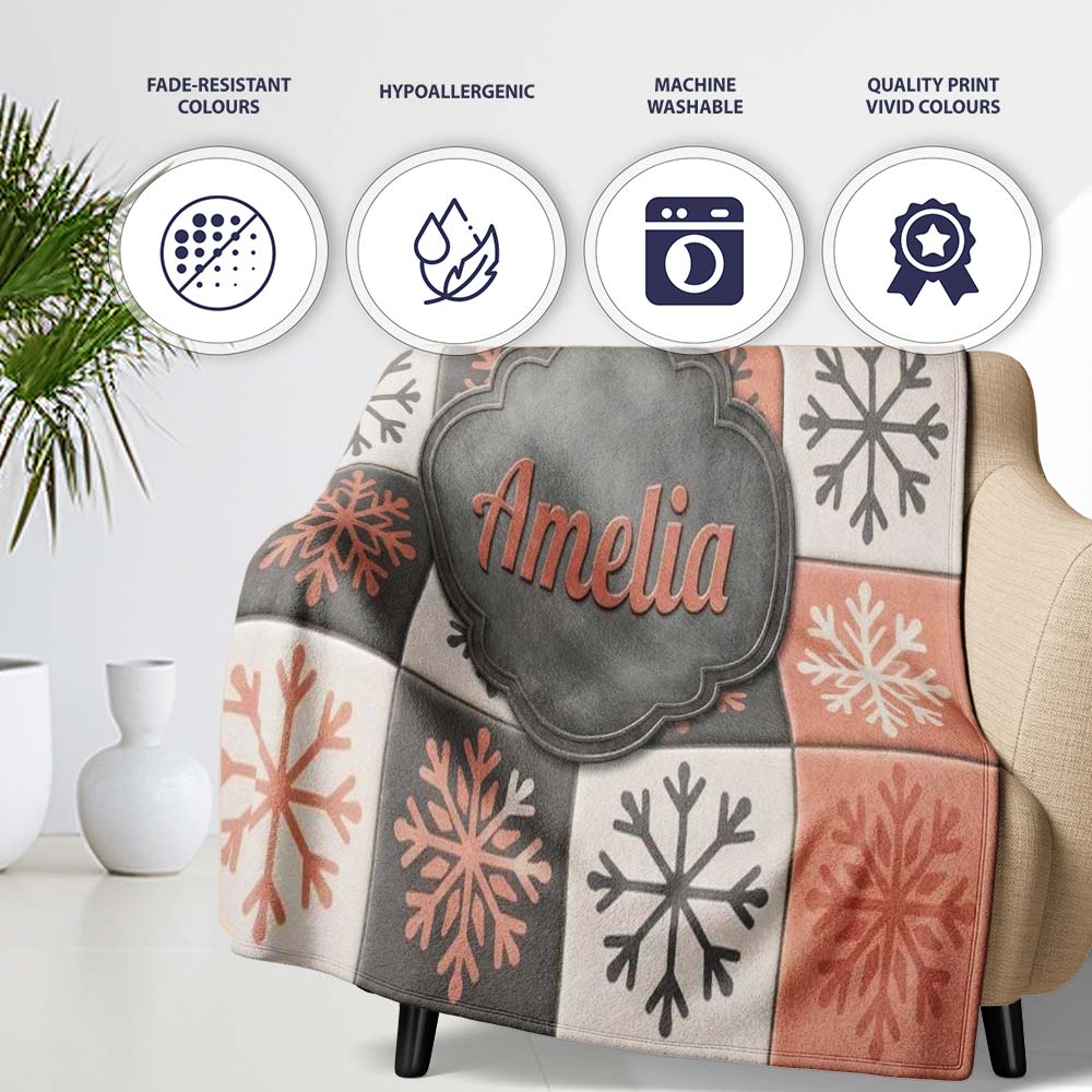 Rustic Folk Tile Snowflake Grid Seamless Pattern Name Cute Unique  Personalised Custom Name Super Soft Fleece Blanket Bed Sofa Throw