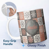 Personalized Custom Name Rustic Folk Tile Snowflake Grid Seamless Pattern Name Cute Unique 11oz Ceramic Coffee Tea Mug White Large Handle